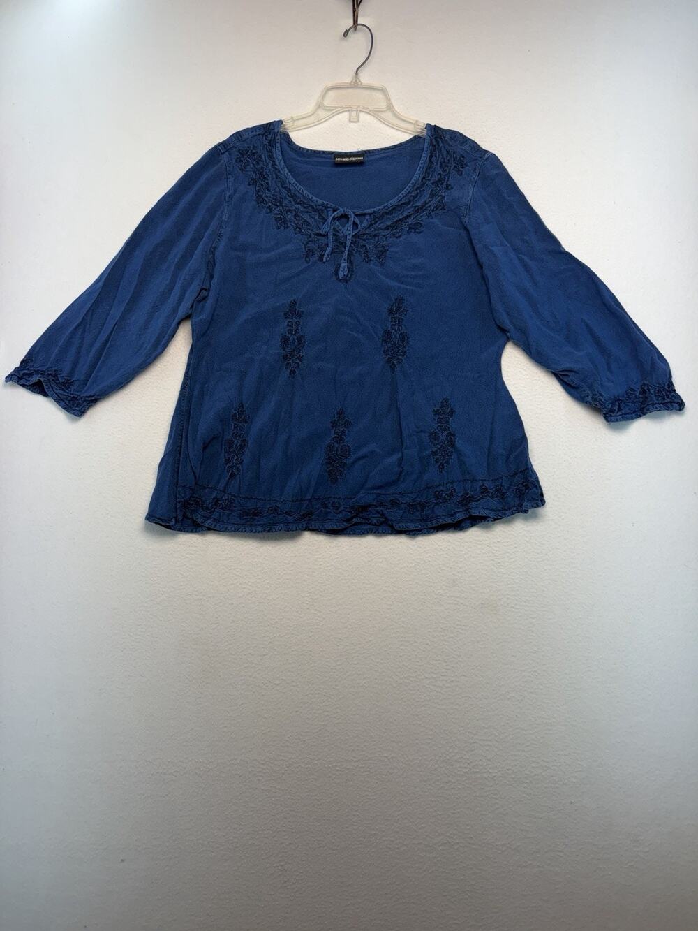 Holy Clothing Women’s XL Blue Embroidered Boho Peasant Blouse 100% Rayon Hippi